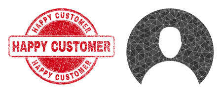 Lowpoly polygonal customer icon illustration with Happy Customer unclean watermark. Red seal includes Happy Customer tag inside round shape. Customer icon is filled with triangle mosaic.のイラスト素材