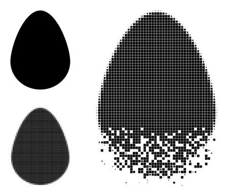 Egg icon with disappearing effect. Disappearing effect involves circle particles. Egg in dissolved, pixelated halftone and base solid vector variants.のイラスト素材