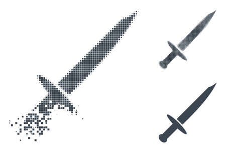 Blade knife pictogram with fragmented effect. Disintegration effect uses circle particles. Blade knife in sparkle, pixelated halftone and original whole vector variants.のイラスト素材