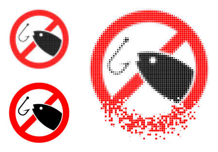 No fishing icon with synthesis effect. Disappearing effect involves spheric elements. No fishing in fractured, pixelated halftone and undamaged entire vector versions.のイラスト素材