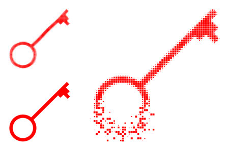 Key pictogram with synthesis effect. Disintegration effect involves spheric particles. Key in dispersed, pixelated halftone and basic whole vector variants.のイラスト素材