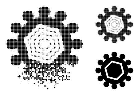 Gear pictogram with destructed effect. Disappearing effect uses spheric elements. Gear in fractured, dotted halftone and undamaged whole vector variants.のイラスト素材