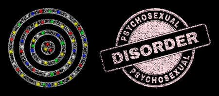 Glossy hatched mesh concentric circles icon with glitter effect on a black background, and Psychosexual Disorder corroded seal imitation.のイラスト素材