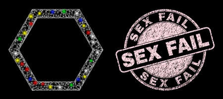 Glossy crossing net mesh empty hexagon icon with glare effect on a black background with Sex Fail rubber seal imitation. Pink stamp seal contains Sex Fail text inside round form.のイラスト素材