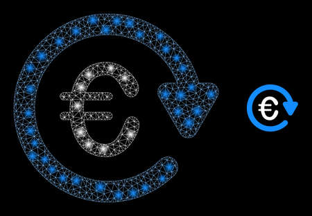 Glossy polygonal mesh net euro pay again icon with glare effect on a black background. Wire frame euro pay again iconic vector with glamour dots in stardust colors.のイラスト素材