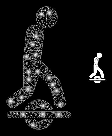 Glossy polygonal mesh net man drive one wheel icon with glare effect on a black background. Constellation man drive one wheel iconic vector with glamour spheres in majestic colors.のイラスト素材