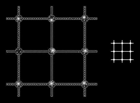 Glossy polygonal mesh web grid icon with glow effect on a black background. Wire frame grid iconic vector with glitter spheres in vibrant colors. Abstract flat mesh designed with polygonal grid,のイラスト素材