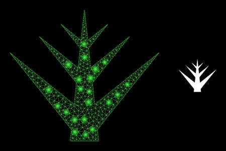 Glossy polygonal mesh web decorative tree icon with glare effect on a black background. Carcass decorative tree iconic vector with flash points in majestic colors.のイラスト素材