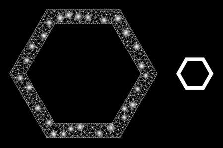 Glossy polygonal mesh net empty hexagon icon with glow effect on a black background. Constellation empty hexagon iconic vector with shiny spheres in bright colors.のイラスト素材