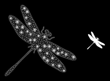 Glossy polygonal mesh web dragonfly icon with glare effect on a black background. Wire frame dragonfly iconic vector with shiny dots in vibrant colors.のイラスト素材