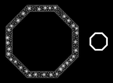 Glossy polygonal mesh web empty octagon icon with glare effect on a black background. Constellation empty octagon iconic vector with shiny spheres in vibrant colors.のイラスト素材