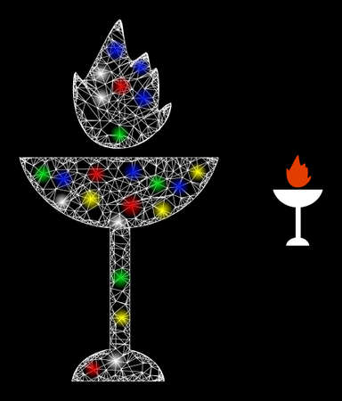 Glossy irregular net mesh fire bowl icon with glow effect on a black background. Bright multi colored vector model created from fire bowl icon, with white mesh and glitter light spots.のイラスト素材