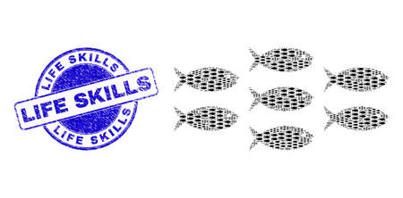 Vector fish school icon mosaic is formed of repeating recursive fish school items. Life Skills scratched blue round seal imitation. Recursive collage from fish school icon.のイラスト素材