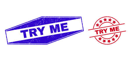 TRY ME stamps. Red circle and blue flatten hexagon TRY ME stamps. Flat vector grunge seal stamps with TRY ME title inside rounded and extended hexagon shapes. Imprints with grunge surface.のイラスト素材