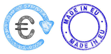 Wire frame irregular mesh euro pay again icon with Made in Eu corroded round stamp seal. Abstract lines form euro pay again object. Blue seal has Made in Eu tag inside round form.のイラスト素材