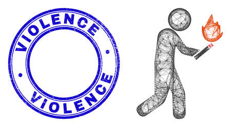 Carcass irregular mesh fire arsonist icon, and Violence textured round seal print. Abstract lines form fire arsonist illustration. Blue stamp seal includes Violence text inside round form.のイラスト素材