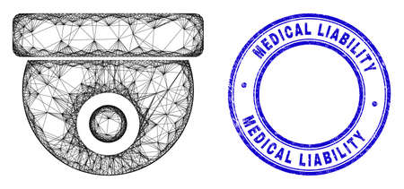 Network irregular mesh CCTV camera icon with Medical Liability dirty round seal imitation. Abstract lines form CCTV camera picture. Blue seal has Medical Liability title inside round form.のイラスト素材