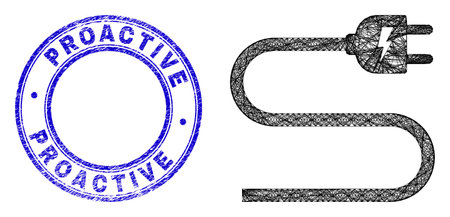 Wire frame irregular mesh electric cord icon with Proactive grunge round seal imitation. Abstract lines form electric cord illustration. Blue stamp contains Proactive tag inside round form.のイラスト素材