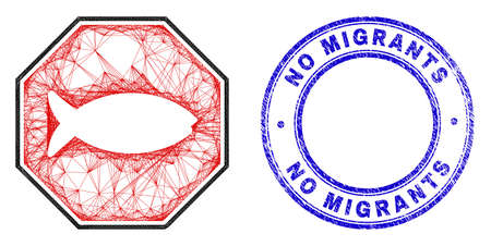 Hatched irregular mesh fish danger octagon icon, and No Migrants corroded round seal print. Abstract lines form fish danger octagon illustration.のイラスト素材