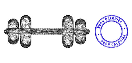 Carcass irregular mesh barbell icon, and Burn Calories grunge round stamp. Abstract lines form barbell picture. Blue stamp has Burn Calories title inside round form.のイラスト素材