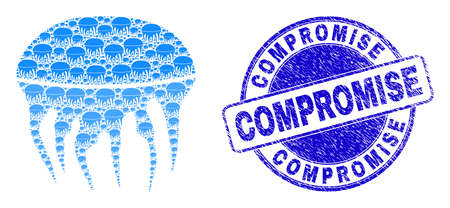 Vector jelly fish icon composition is designed of randomized recursive jelly fish icons. Compromise rubber blue round seal print. Recursive composition for jelly fish icon.のイラスト素材