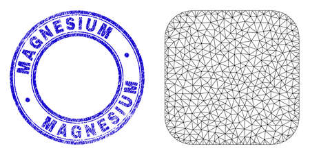 Web carcass rounded square icon with Magnesium seal stamp. Blue vector round grunge seal stamp with Magnesium caption inside. Abstract carcass mesh created from rounded square pictogram.のイラスト素材