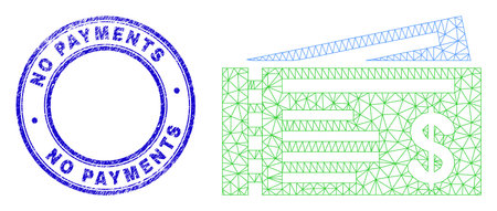 Web mesh dollar cheques pictogram and No Payments seal stamp. Blue vector rounded textured seal stamp with No Payments text inside. Abstract carcass mesh created from dollar cheques pictogram.のイラスト素材