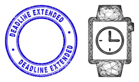Network irregular mesh watches icon, and Deadline Extended rubber round stamp. Abstract lines form watches illustration. Blue stamp seal contains Deadline Extended caption inside round form.のイラスト素材