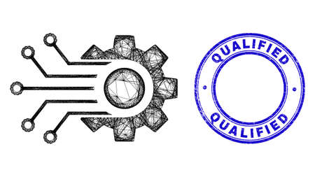 Net irregular mesh smart gear links icon, and Qualified unclean round stamp seal. Abstract lines are combined into smart gear links illustration. Blue seal has Qualified text inside round form.のイラスト素材