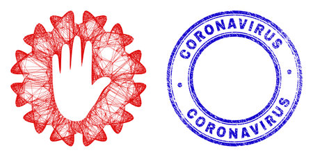 Carcass irregular mesh stop hand coronavirus icon, and Coronavirus Outbreak Alert dirty round seal imitation. Abstract lines are combined into stop hand coronavirus object.のイラスト素材