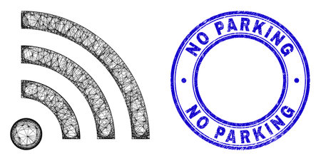 Network irregular mesh radio internet icon with No Parking grunge round seal. Abstract lines are combined into radio internet illustration. Blue stamp seal has No Parking caption inside round shape.のイラスト素材