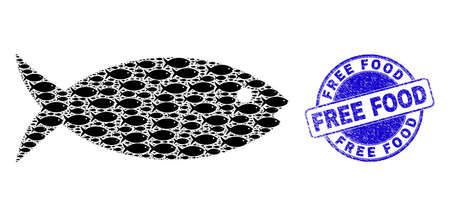 Vector fish icon composition is composed from scattered recursive fish elements. Free Food textured blue round seal imitation. Recursive composition of fish icon.のイラスト素材