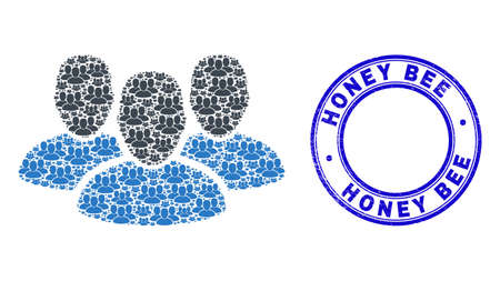 Vector user group icon collage is created from repeating self user group parts. Honey Bee unclean blue round stamp seal. Recursive mosaic from user group icon.のイラスト素材