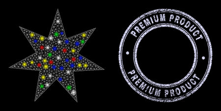 Glossy polygonal mesh net seven pointed star icon with glare effect on a black background with Premium Product corroded stamp seal. Illuminated vector mesh created from seven pointed star symbol,のイラスト素材