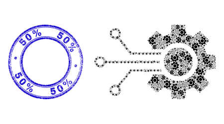 Vector smart gear connection icon collage is formed from randomized recursive smart gear connection icons. 50% grunge blue round seal. Recursive collage from smart gear connection icon.のイラスト素材