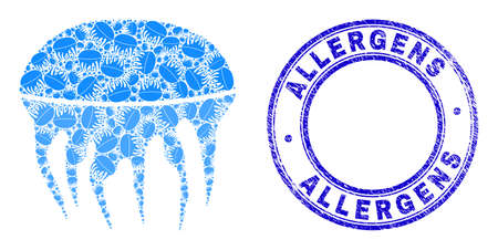 Vector jelly fish icon collage is done with randomized self jelly fish parts. Allergens rubber blue round stamp seal. Recursion combination of jelly fish icon.のイラスト素材