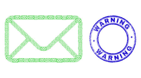 Vector envelope icon mosaic is made with scattered recursive envelope pictograms. Warning Fake News dirty blue round stamp seal. Recursion composition of envelope icon.のイラスト素材