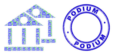 Vector museum buildings icon collage is formed of repeating self museum buildings items. Podium corroded blue round stamp seal. Fractal combination from museum buildings icon.のイラスト素材