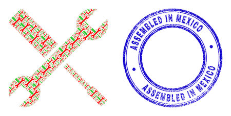 Vector configuration tools icon collage is organized of repeating recursive configuration tools parts. Assembled in Mexico grunge blue round stamp. Recursion combination of configuration tools icon.のイラスト素材