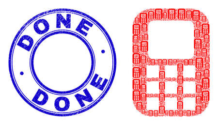 Vector cellphone icon collage is designed with random recursive cellphone icons. Done scratched blue round seal print. Recursive collage of cellphone icon.のイラスト素材