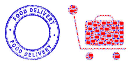 Vector baggage cart icon composition is designed from random recursive baggage cart items. Food Delivery dirty blue round stamp. Recursion composition from baggage cart icon.のイラスト素材