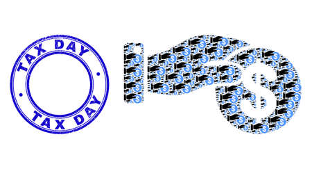 Vector coin payment hand icon composition is designed of repeating recursive coin payment hand items. Tax Day grunge blue round seal print. Recursive collage of coin payment hand icon.のイラスト素材