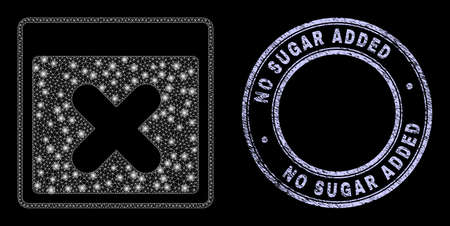 Shiny mesh net close application window icon with glare effect on a black background with round No Sugar Added rubber seal. Vector grid is based on close application window icon, white mesh net used.のイラスト素材