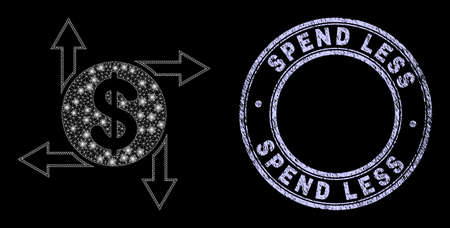 Light polygonal mesh net dollar emission icon with glow effect on a black background with round Spend Less textured stamp seal. Vector carcass is generated from dollar emission icon,のイラスト素材