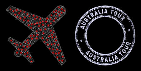 Light mesh net airplane icon with glare effect on a black background with round Australia Tour dirty badge. Vector carcass based on airplane icon, white mesh network used.のイラスト素材