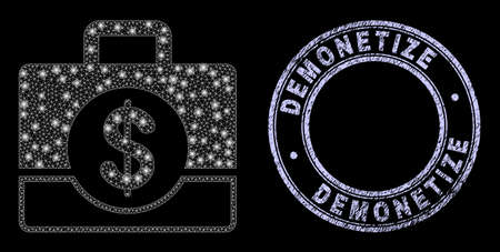 Glitter mesh web business case icon with glare effect on a black background with round Demonetize textured stamp seal. Vector frame created from business case pictogram, white mesh is used.のイラスト素材