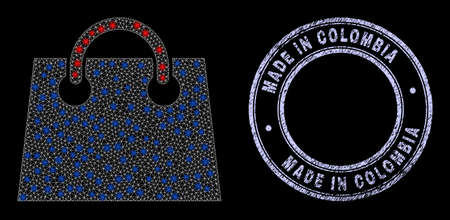 Illuminated net airport shopping bag icon with glare effect on a black background with round Made in Colombia rubber stamp seal. Vector carcass is based on airport shopping bag pictogram,のイラスト素材
