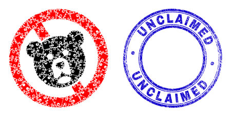 Puzzle stop bear mosaic icon with Unclaimed stamp. Blue vector rounded distress stamp with Unclaimed title. Abstract mosaic of stop bear icon constructed of puzzle pieces.のイラスト素材