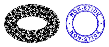 Puzzle torus mosaic icon and Non-Stick seal stamp. Blue vector round distress seal with Non-Stick phrase. Abstract mosaic of torus icon created of puzzle parts.のイラスト素材