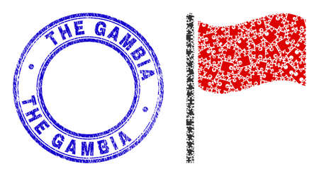 Puzzle flag mosaic icon and The Gambia seal stamp. Blue vector round scratched watermark with The Gambia message. Abstract mosaic of flag icon created of puzzle elements.のイラスト素材